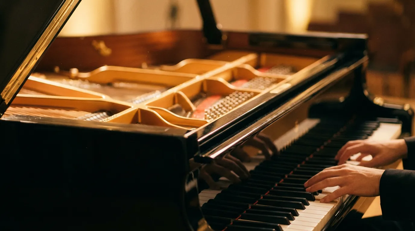 Grand piano in a warmly lit studio